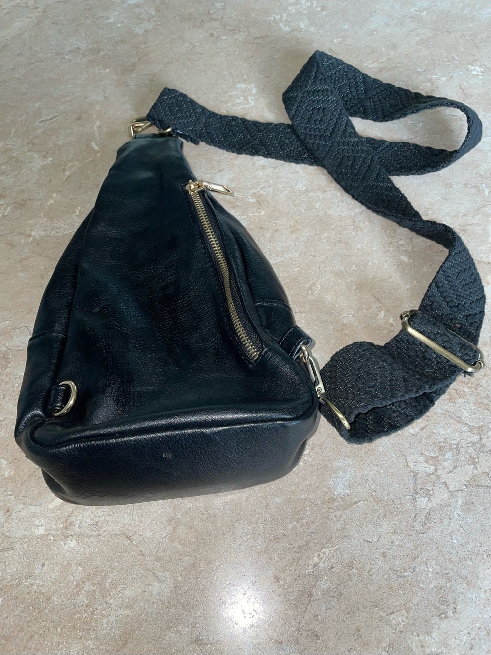 JOY SUSAN Black Leather Crossbody Sling Bag with Wide Woven Strap